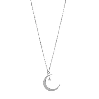 Rhodium Plated Hanging Moon and Star Necklace