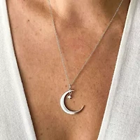 Rhodium Plated Hanging Moon and Star Necklace