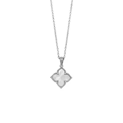 Rhodium Plated Flower White Mother of Pearl Necklace