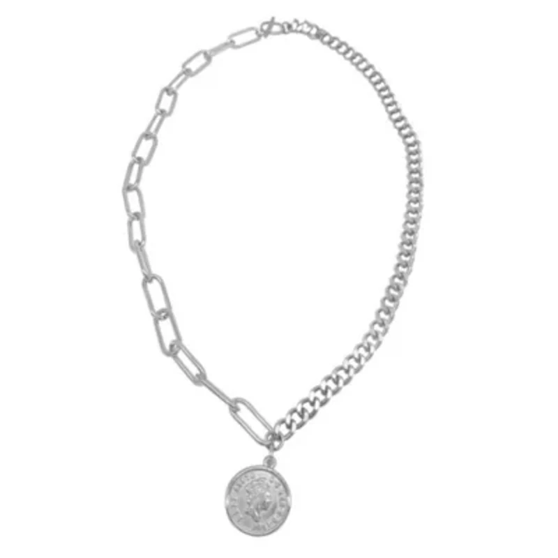 Tarnish Resistant Rhodium Plated Coin Mixed Chain Necklace
