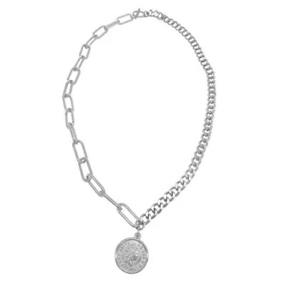 Tarnish Resistant Rhodium Plated Coin Mixed Chain Necklace