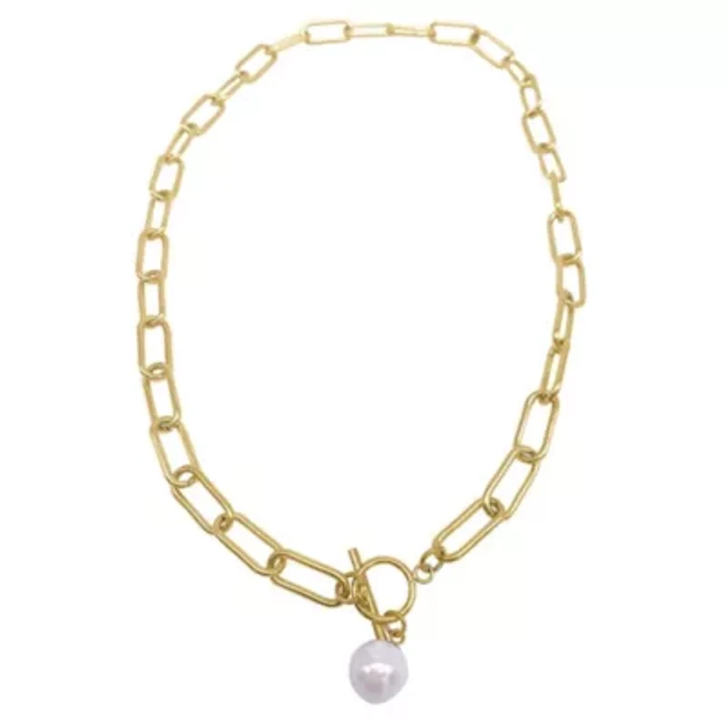 Tarnish Resistant 14k Gold Plated Paper Clip Toggle Necklace with Pearl