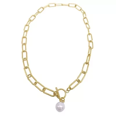 Tarnish Resistant 14k Gold Plated Paper Clip Toggle Necklace with Pearl