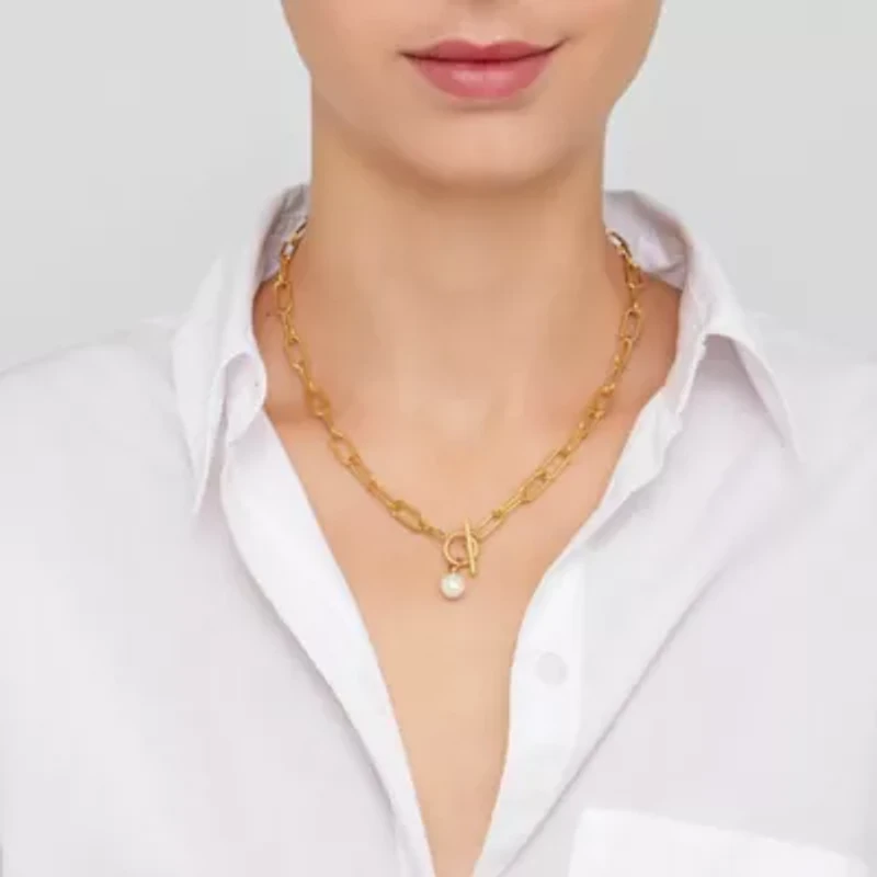 Tarnish Resistant 14k Gold Plated Paper Clip Toggle Necklace with Pearl