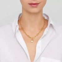 Tarnish Resistant 14k Gold Plated Paper Clip Toggle Necklace with Pearl