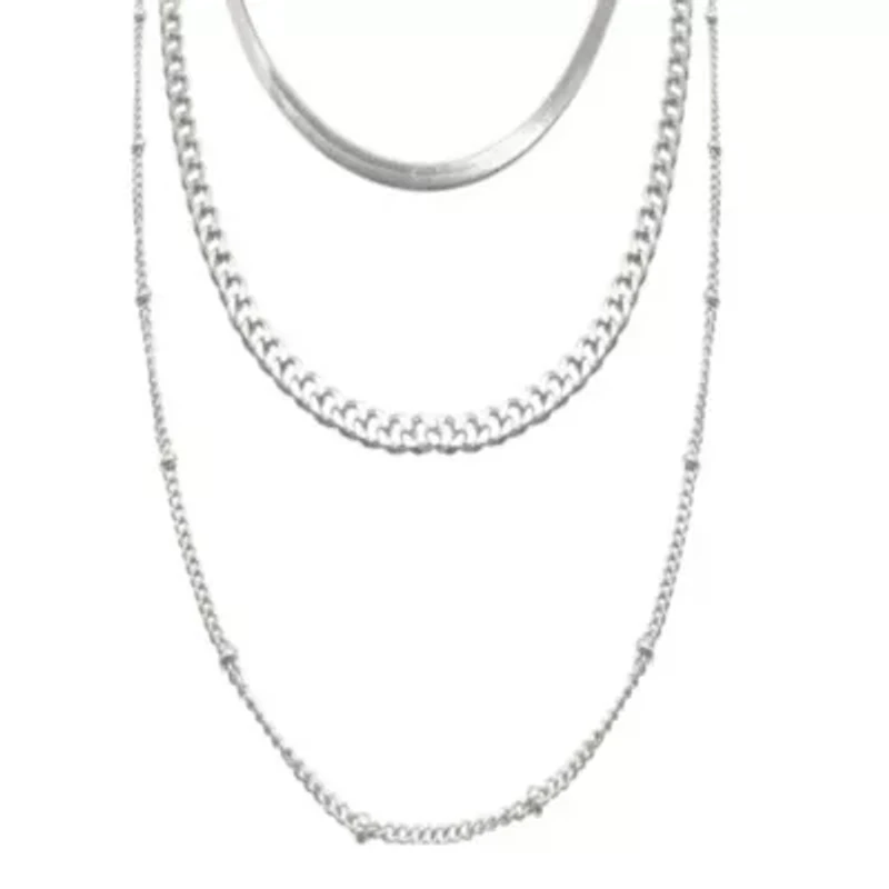 Tarnish Resistant Rhodium Plated Triple Layered Chain Necklace