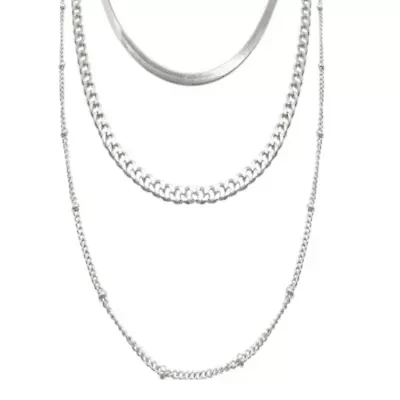 Tarnish Resistant Rhodium Plated Triple Layered Chain Necklace