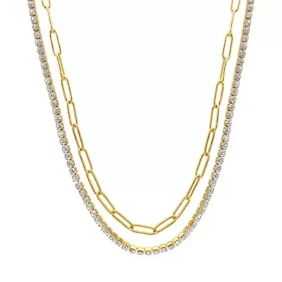 Tarnish Resistant 14k Gold Plated Paper Clip Chain and Tennis Necklace Set