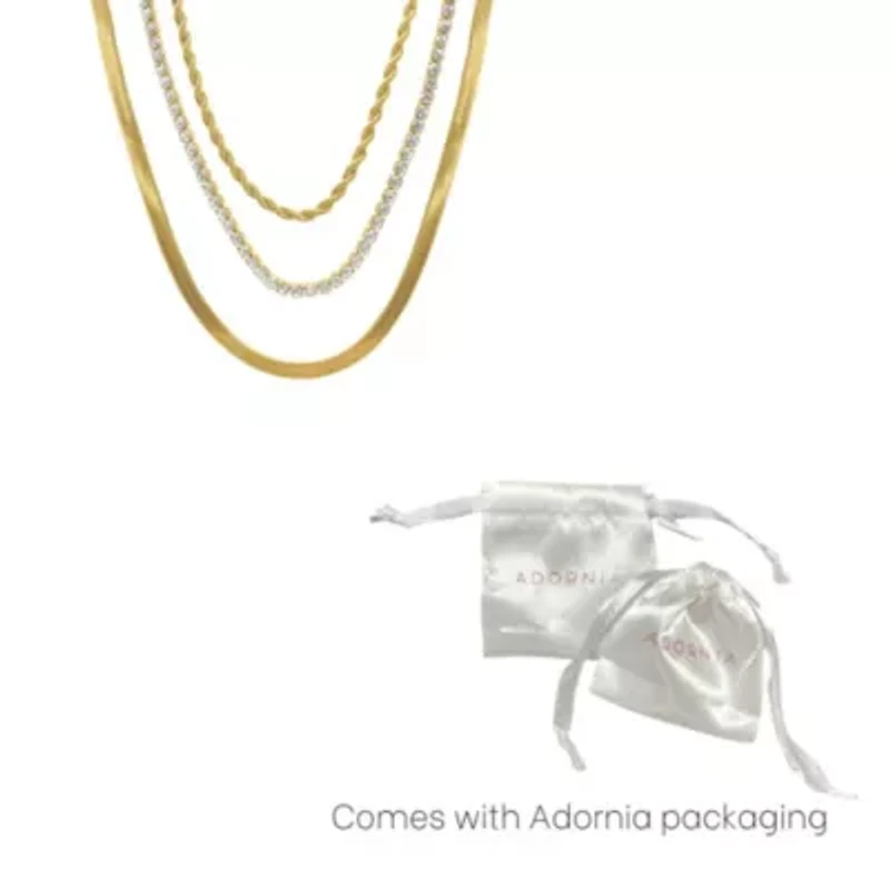 Tarnish Resistant 14k Gold Plated Herringbone Chain, Rope Chain, and Tennis Necklace Set