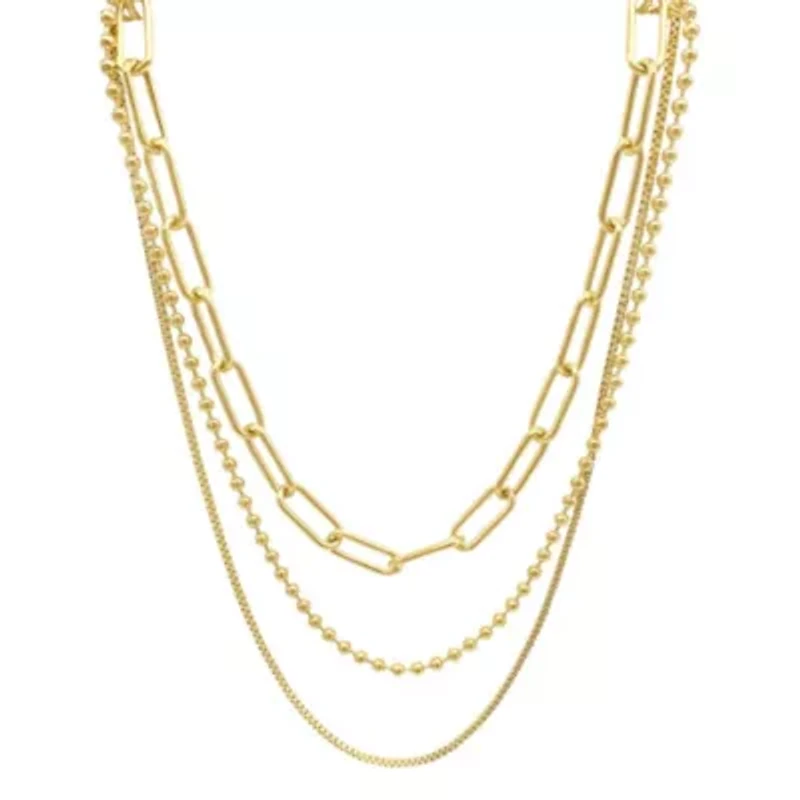 14k Gold Plated Box Chain, Ball Chain, and Oversized Paper Clip Chain Necklace Set