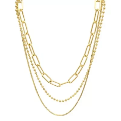 14k Gold Plated Box Chain, Ball Chain, and Oversized Paper Clip Chain Necklace Set