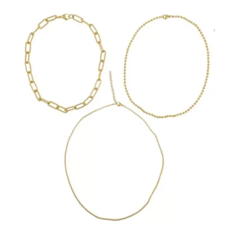 14k Gold Plated Box Chain, Ball Chain, and Oversized Paper Clip Chain Necklace Set