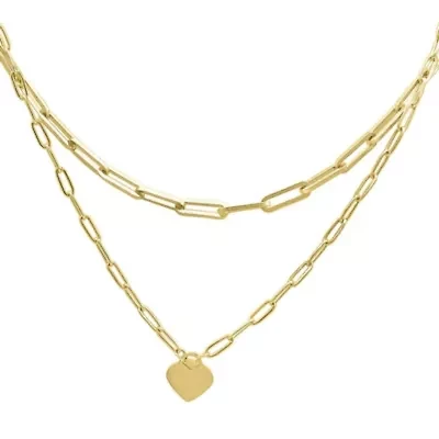 Tarnish Resistant 14k Gold Plated Layered Paper Clip Chain Heart Pendant Necklace