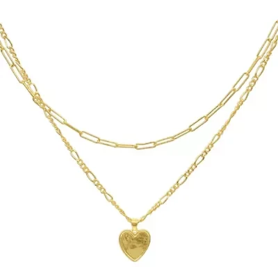 14k Gold Plated Paper Clip and Figaro Heart Chain Set