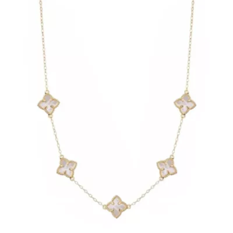 14k Gold Plated White Mother of Pearl Floral Station Necklace