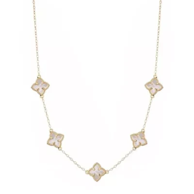 14k Gold Plated White Mother of Pearl Floral Station Necklace