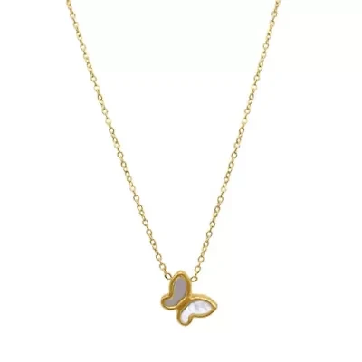 14k Gold Plated White Mother of Pearl Butterfly Necklace
