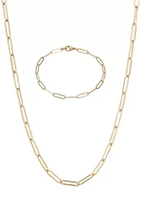 Tarnish Resistant 18k Gold Plated Paperclip Bracelet and Necklace Set