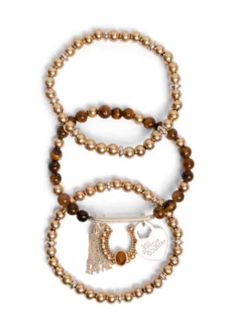 Gold Tone Natural Beaded Charm Stretch Bracelet Set