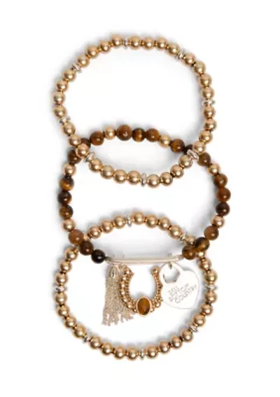 Gold Tone Natural Beaded Charm Stretch Bracelet Set