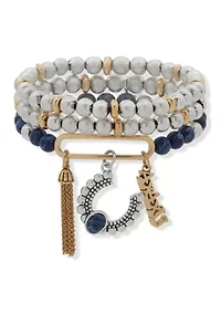 Two Tone Blue Beaded Charm Stretch Bracelet Set