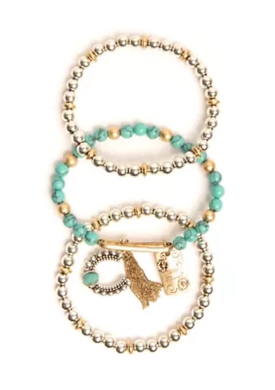 Silver Tone Turquoise Beaded Charm Stretch Bracelet Set