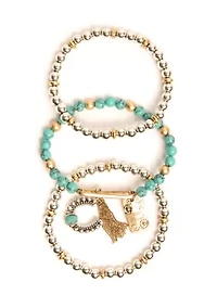 Silver Tone Turquoise Beaded Charm Stretch Bracelet Set