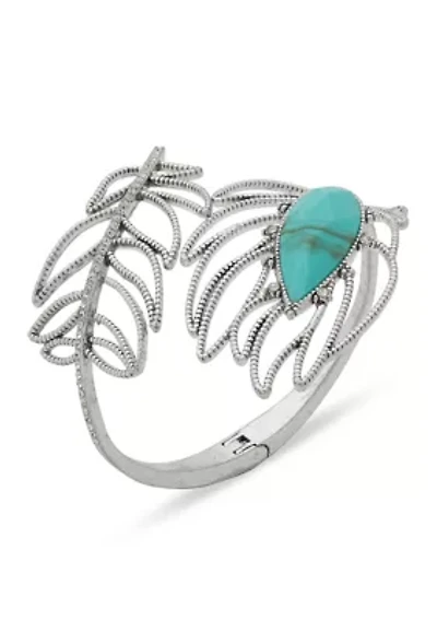 Turquoise Stone Silver Tone Feather Cuff Bracelet