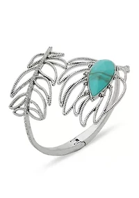Turquoise Stone Silver Tone Feather Cuff Bracelet