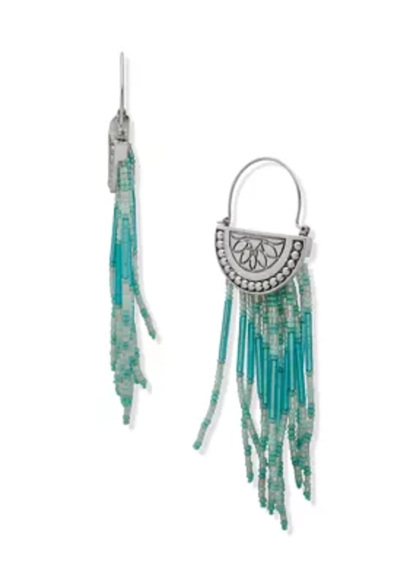 Silver Tone Blue Beaded Fringe Hoop Earrings
