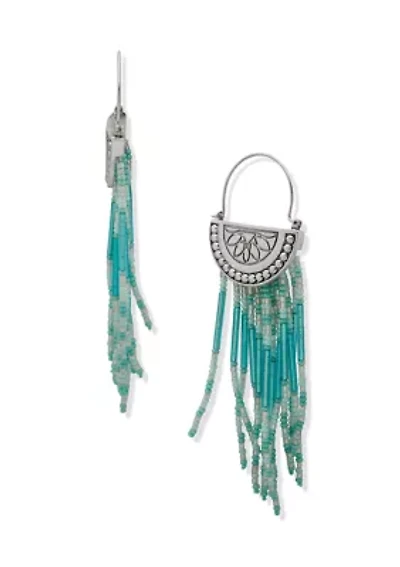 Silver Tone Blue Beaded Fringe Hoop Earrings