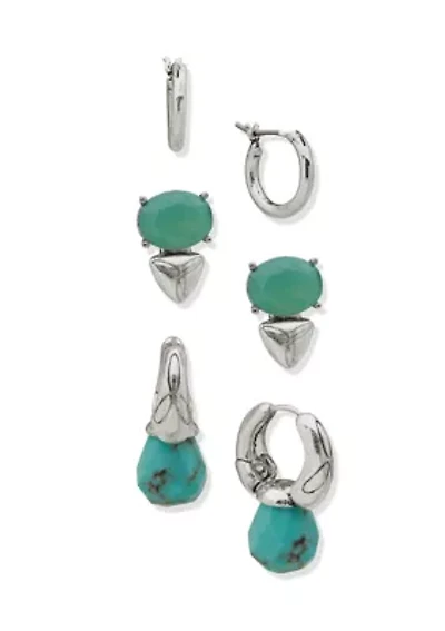 Silver Tone  Turquoise Hoop Stone Drop Earrings Set