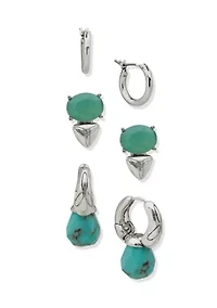 Silver Tone  Turquoise Hoop Stone Drop Earrings Set