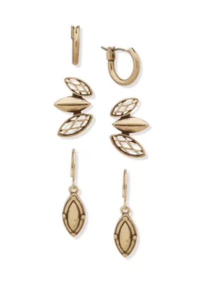 Gold Tone Lattice Leaf Crawler Trio Earring Set