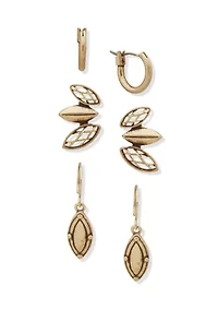 Gold Tone Lattice Leaf Crawler Trio Earring Set