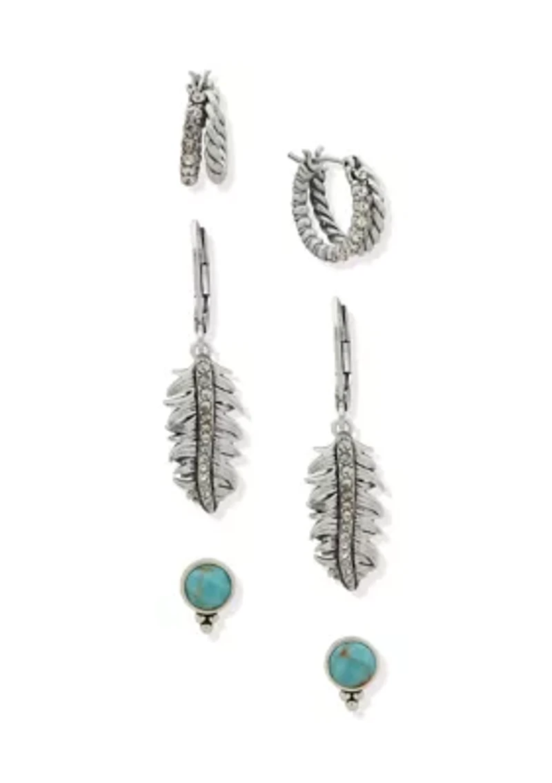 Silver Tone Turquoise Feather Trio Earring Set