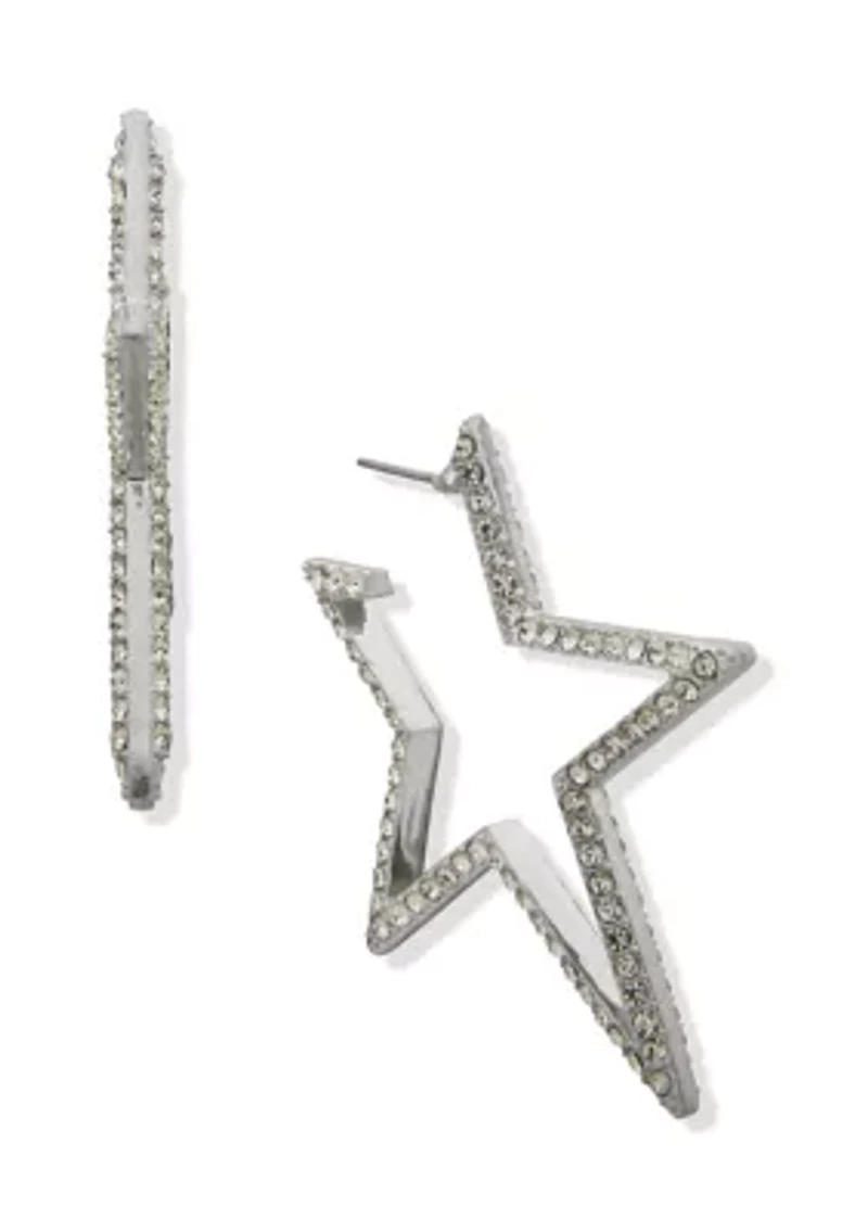 Silver Tone Crystal Pave Star Hoop Earrings