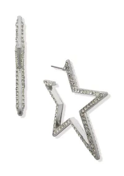 Silver Tone Crystal Pave Star Hoop Earrings