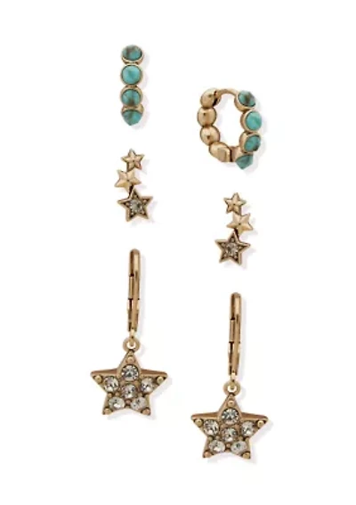 Gold Tone Turquoise Pavé Star Trio Earring Set