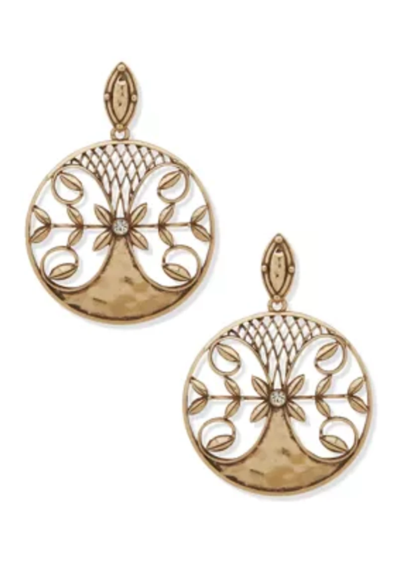 Gold Tone Lattice Leaf Large Drop Earrings