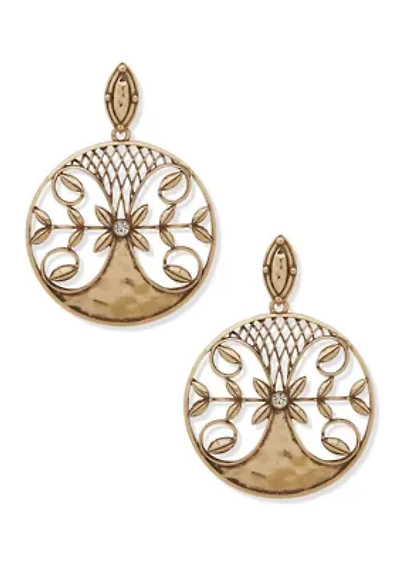Gold Tone Lattice Leaf Large Drop Earrings