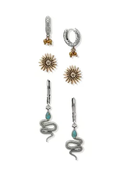 Silver Tone Turquoise Snake Flower Trio Earring Set