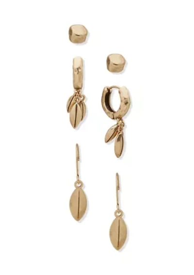 Hoop Leaf Drop Trio Earring Set