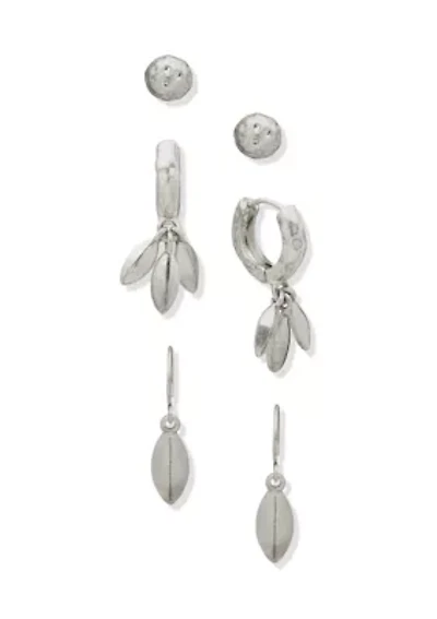 Hoop Leaf Drop Trio Earring Set