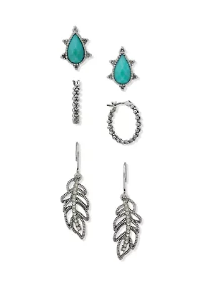 Silver Tone Turquoise Feather Drop Trio Earrings