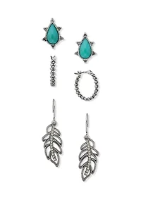 Silver Tone Turquoise Feather Drop Trio Earrings