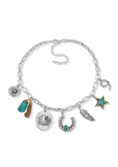 Silver Tone Turquoise Charm Frontal Necklace