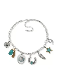 Silver Tone Turquoise Charm Frontal Necklace