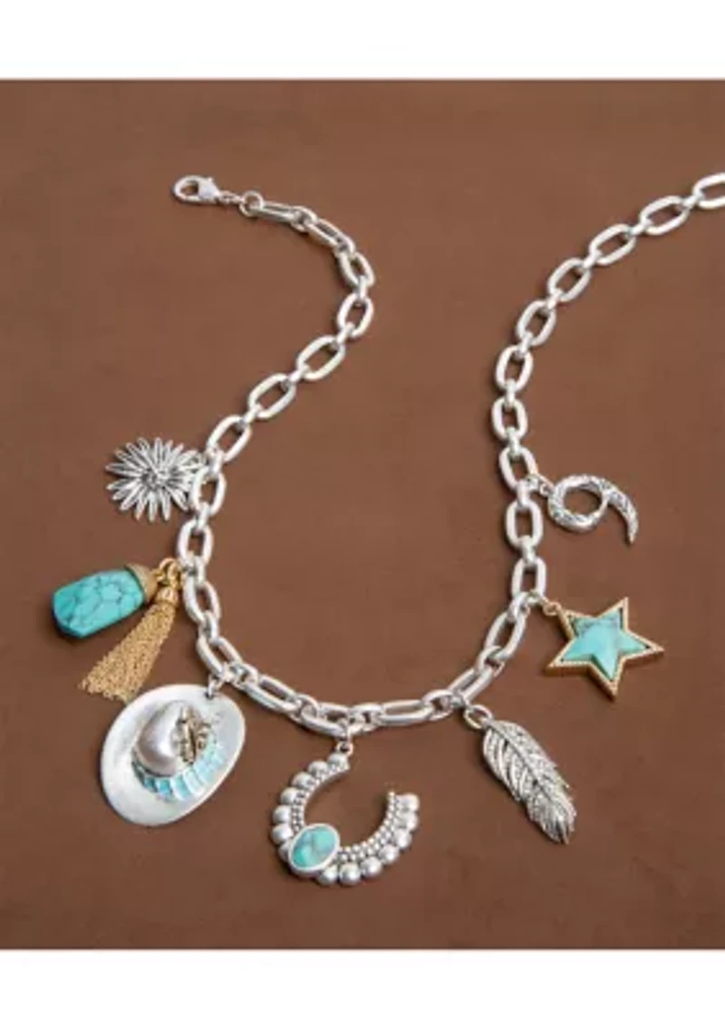 Silver Tone Turquoise Charm Frontal Necklace