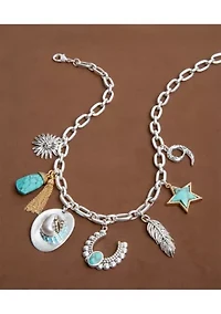 Silver Tone Turquoise Charm Frontal Necklace